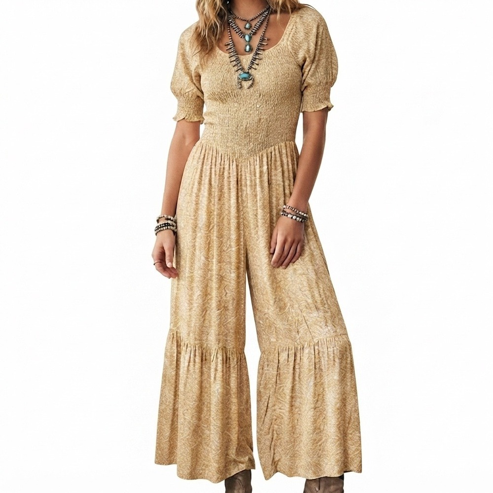 Natural Life Floral Smocked tiered Jumpsuit Rayon Wide Leg cottagecore boho